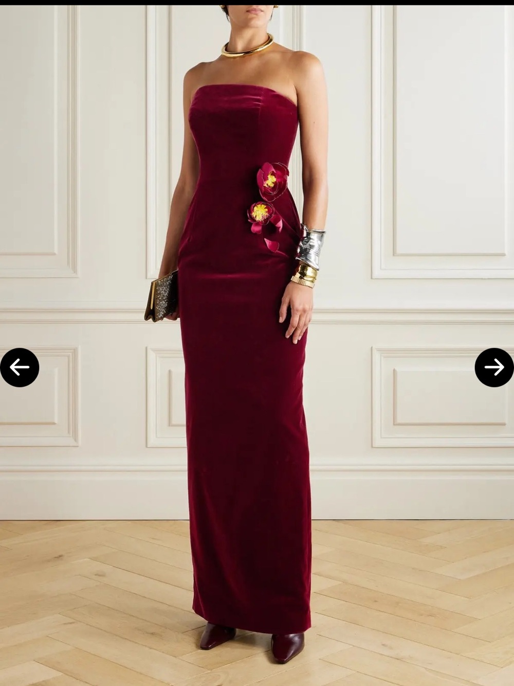 Oscar de la Renta Strapless Burgundy Velvet Gown with Floral Detail